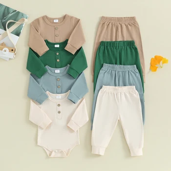 0-24 м, комплекти, дрехи от 2 теми за малки момчета, гащеризон с кръгло деколте и копчета, обикновена комплекти, панталони, есенно-пролетния комплект детски дрехи