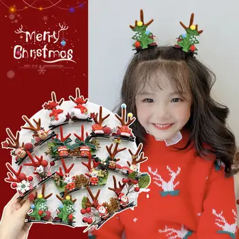 1 чифт Коледни заколок за коса с красиви пайети, Дядо Коледа, Оленьи рога, шнола за коса във формата на снежинки, Коледна шапка, шнола за деца в подарък
