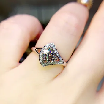 100% 14К AU585 женски пръстен във формата на веерного лист с Муассанитом и диамантен пръстен на Кръгла D цвят VVS1, Годежен Пръстен, Подарък за Годишнина от сватба, Парти
