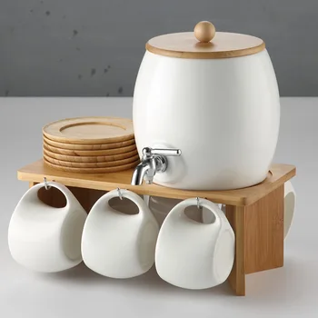 2022 Нова посуда Nordic smart за ястия и напитки, комплект чаши от бял порцелан и гнездото за вода с водопроводным крана и бамбуковым притежател на