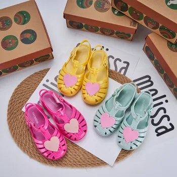 2023 Детски желейные обувки Mini Мелиса, летни детски римски сандали с кухи сърце на равна подметка, плажни обувки за момичета и момчета