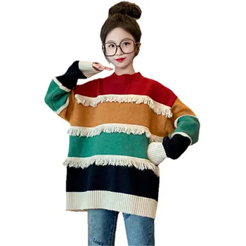 2023 Детски Корейски Пуловери, Модни Преливащи Пуловери С Пискюли За Момичета, Есента и Зимата на Топло Дебел Пуловер, Трикотажная Дрехи от 5 до 14 години