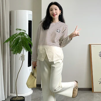 2023 Есенни Свободни ризи за бременни в корейски стил с дълъг ръкав и кръгло деколте в ивица от памук в стил мозайка с цепка отпред, блузи за бременни жени