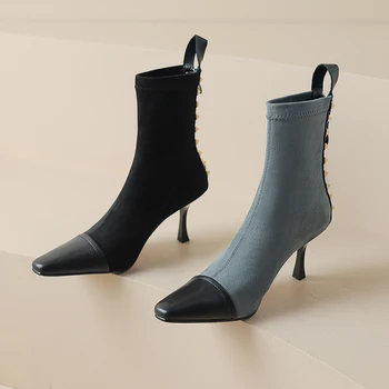 2023, есенно-зимни дамски ботильоны от естествена кожа, големи размери 22-26 см, воловья кожа + Еластичен флок + свинска кожа, модерни обувки, тесни обувки