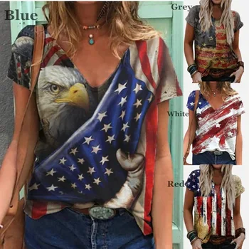 2023 Лятна Нова Дамски Ежедневни тениски с V-образно деколте и къс ръкав, 4 юли, Патриотичен Декор, Американски Флаг, Модни Блузи за Деня на Независимостта