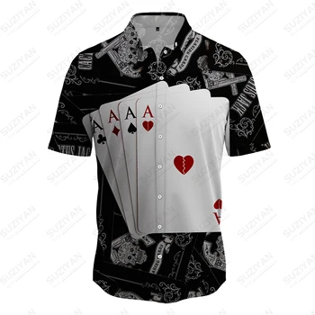 2023 Лятна нова ежедневни риза, модни забавни тениски в стил хип-хоп, потник, риза с 3D модел на покер, мъжка риза с копчета голям размер