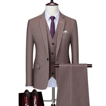 2023 Модерен Нов мъжки ежедневни бутик, Обикновена костюми от 3 теми, палто, панталони, жилетка, комплект / Мъжки бизнес сватбата булката, Вълнени блейзери