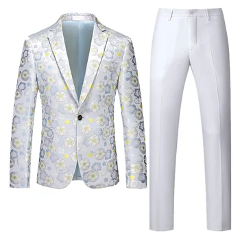 2023 Нов мъжки костюм на цветчета, комплект от 2 теми, син / червен / Златен, луксозни мъжки жакард блейзери за бала и панталони на чист цвят