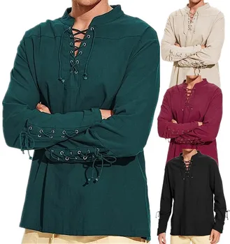 2023 Нова мъжки ретро pirate риза Топ с завязками Однотонная риза Viking Риза улично творчески темперамент от памук и лен