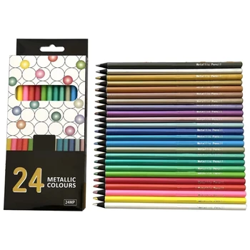 24 Цветни Метални Молив С Различен Цвят, Черен Дървен Молив За Рисуване На Скици