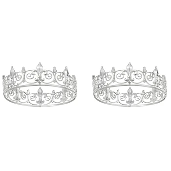 2X Royal King Crown За Мъже - Метални Корони И Диадеми За принцове, Кръгли Шапки За рожден Ден, Средновековни аксесоари (Сребро)