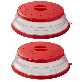 2X Сгъваема капачката на спрей за микровълнова печка, Храни капак за микровълнова тави с капаци (червен)