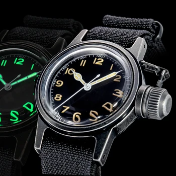 36 мм Военни часовник Корпус часа от неръждаема стомана 100 м Водоустойчива супер нажежен ретро-часовник-жаба времето на Втората световна война