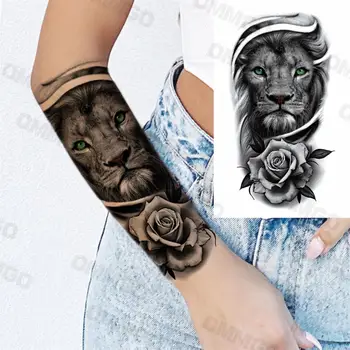 3D Временна татуировка с изображение на Черно Лъв Рози За мъже и жени, Фалшива татуировка във формата на Бухал, Сокол Тигър, Реалистична обстановка за боди-арт, Хартия за татуировки