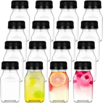 4 опаковки на празни пластмасови бутилки от сок, за Многократна употреба Прозрачни контейнери за напитки с черни капаци, защищающими от аутопсията, за сокове, мляко, кафе