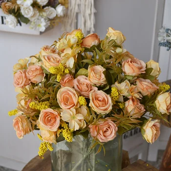5 Вилици, Букет от изкуствени цветя, рози със зърна и хризантеми, арт цвят, начало декор, Сватба парти, на закрито, Направи си сам
