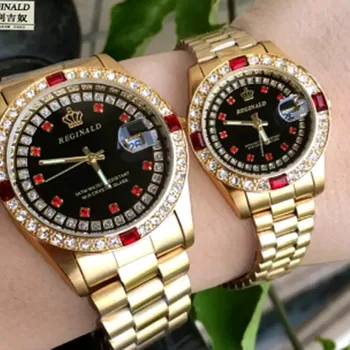 50 метра водоустойчивост Кварцов ръчен часовник на марката REGINALD Luxury Golden Man с дата и кристали, подарочное рокля, кварцов часовник