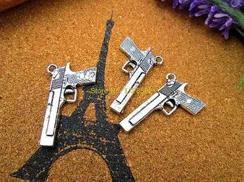 6 бр.-Висулки-револьверы античния сребрист цвят, едностранно окачване-револьверы 35x20 мм