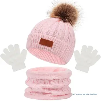 67JC, детска зимна шапка, Ръкавици, Сменящи кърпичка, комбо за малки момичета и момчета, Топло вязаная шапка, Ръкавици, бебешки аксесоари