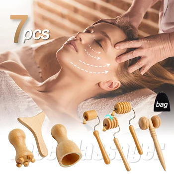 7 бр./компл. Масажисти за лице Gua Sha Tools Wood Therapy Meridian Massage Kit Сачмен Стъргало за лифтинг на лицето