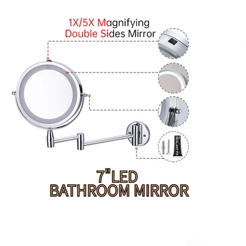 7-ИНЧОВ led огледало за грим, на огледалото в банята, 5-кратно засилване на кръгли стенни огледала за красота