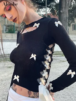 Absobe, укороченная тениска с лък в стил мозайка, женска тениска с кръгло деколте и дълъг ръкав, Тънък топ, есен 2023, Атрактивна градинска облекло
