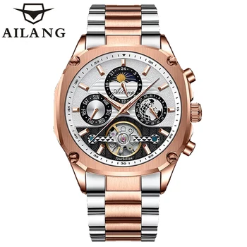 AILANG Нови мъжки часовници, най-добрата марка за луксозни мъжки часовници с турбийоном, механични ръчни часовници с водоустойчив виртуален скелет от неръждаема стомана, мъжки