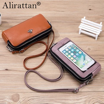 Alirattan Нова модерна чанта от естествена кожа през рамо Чанта за телефон със сензорен екран Малка двупластова многофункционална чанта с цип