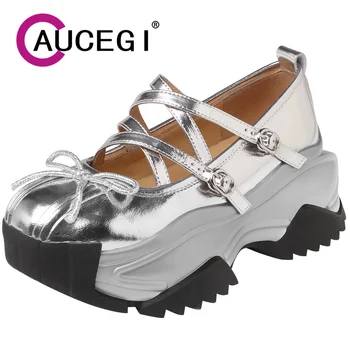 Aucegi Sweet Rock Дамски обувки-лодка с появата на тока и лък, Модни Елегантни ежедневни обувки на платформа с кръгло бомбе и дебел ток сребрист цвят