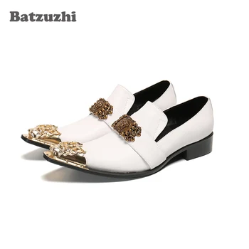 Batzuzhi/ Луксозни Мъжки кожени обувки, ръчно изработени С остър железен пръсти, Бели модела обувки от естествена кожа без закопчалка, Zapatos Hombre!Голям Размер