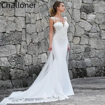Challoner, модерна сватбена рокля на русалка с кръгло деколте, без ръкави, Дантелени апликации, Сватбени рокли, сексуална илюзия, Vestidos De Noiva копчета отзад