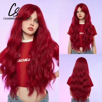CharmSource Дълги вълнообразни перука, червено на цвят, с дълъг бретон, синтетични перуки, с тъмни корени за жени, дрехи за cosplay, партита, термостойкая