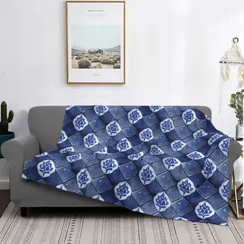 Delft Blue-Синьо-бяло одеяло фигура, флисовое Всесезонное Мултифункционален Коварен одеяло за дома, плюшевое Коварен одеяло