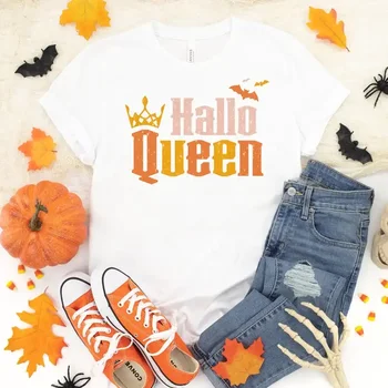 HalloQueen Хелоуин Shirt Смешни Halloween Fashion Girl, Ежедневни Памучен Риза С Кръгло Деколте, Дамски Градинска Дрехи, Топ С Къс Ръкав, Тениска