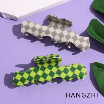 HANGZHI ИНЕС Зелена Вълнообразни Шнола за коса в шахматна дъска модел Модерен Творчески Нокът Акули за жени и момичета, Летни Модни Аксесоари за коса