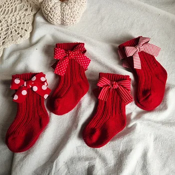 Instagram Детски Коледни Коледни Вълнени чорапи Детски 100-дневна давност с испански лък Червени чорапи за деца