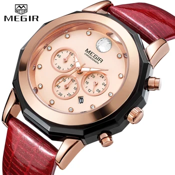 MEGIR Дамски модни червени кварцов часовник Lady Leather Хронограф Висококачествени ежедневни водоустойчив часовник Луксозен подарък за жена