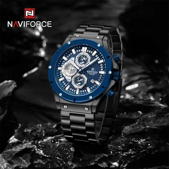 NAVIFORCE Модерен мъжки кварцов часовник от неръждаема стомана Спортни Светлинен часовник е Водоустойчив часовник с хронограф Relogio Masculino