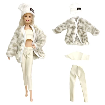 NK 1 Комплект кукольной дрехи в стил стрийт-арт, прекрасна вязаная капачка + топло палто + ТОП + бели кожени панталони За Барби Кукли, Аксесоари