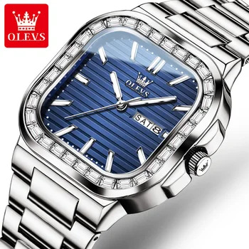 OLEVS 9966 Нови мъжки кварцови часовници с диаманти, квадратен циферблат, Двойна календар, мъжки ръчен часовник, водоустойчив ръчен часовник от неръждаема стомана