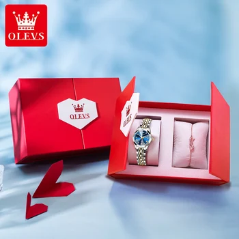 OLEVS Оригинален кварцов дамски часовник от неръждаема стомана, водоустойчив, с двойно календар, модерен часовник, с високо качество, елегантен комплект, подарък кутия 9931