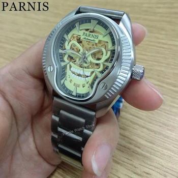 Parnis 43 мм сапфир 21 скъпоценен камък Miyota 8N24 Автоматично мъжки часовници с светящимся черепа