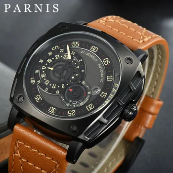 Parnis 44 мм Сребрист корпус от неръждаема стомана Автоматични механични мъжки часовник Кожена каишка сапфирен кристал Мъжки часовник