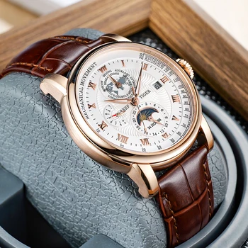 Reef Тигър / RT висок клас марка, Луксозни автоматични часовници Reloj Hombre, Мултифункционален кожен ремък, Модерен часовник от розово злато RGA1963