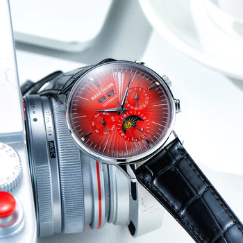 Reef Тигър Нов дизайн, мъжки автоматичен часовник с червен циферблат, пълен календар, Фаза на Луната, кожа Водоустойчив Механични часовници RGA8218