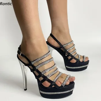 Rontic 2021 Дамски Сандали на платформа, Сатен Красиви кристали, Секси високи обувки обувки на висок ток с отворени пръсти, Черни обувки за нощен клуб, Размер 34 45 47