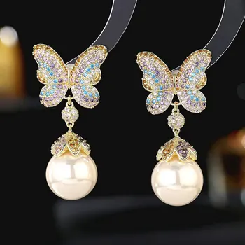 SINZRY, лидер на продажбите, модни обеци с висулки от кубичен цирконий и перли във формата на пеперуда за жени