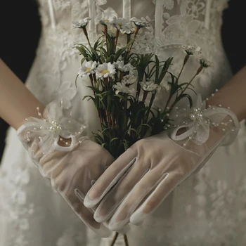 WG104 Елегантни Сватбени Къси ръкавици за младоженци Прежда, Мъниста Цветя Бял Тюл Дамски ръкавици за изпълнения на последния вечер