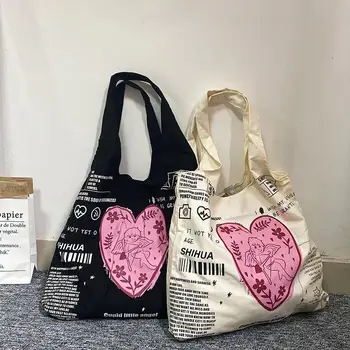 Xiuya Y2k Готическата холщовая чанта през рамо с писмото принтом във формата на сърце, по-голямата голям чанта в тъмно стил, нова реколта чанта за пазаруване в стил пънк