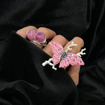 YOUNGX 2024 Y2K, Реколта пръстени с пеперуда и заек, Циркон, Готическия тенденция, Уважаеми Геометрично пръстенът с цветен камък, Отворен пръстен за жени, пънк-бижута